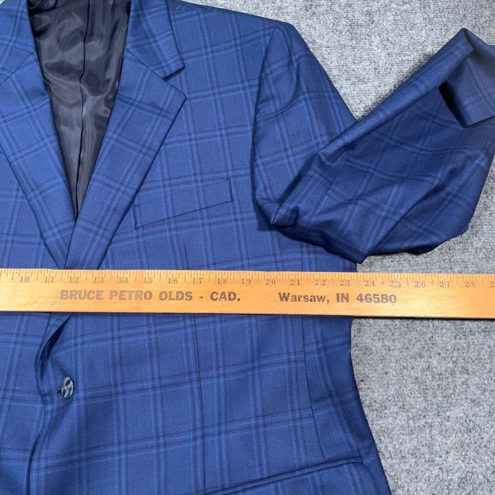 Petrocelli Soren Sport Coat Mens 46L Plaid 100% Wool Blue Glen Check Blazer Work